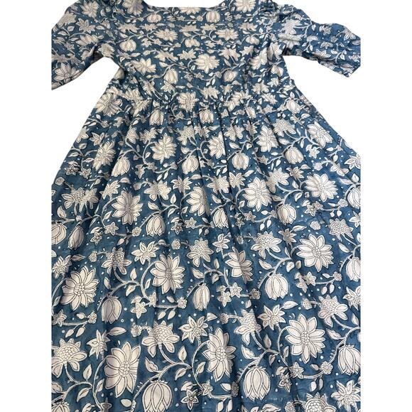 Beau & Ro Blue Folk Floral Button Front Floral Midi Dress Pockets Size Medium‎ - Picture 3 of 10